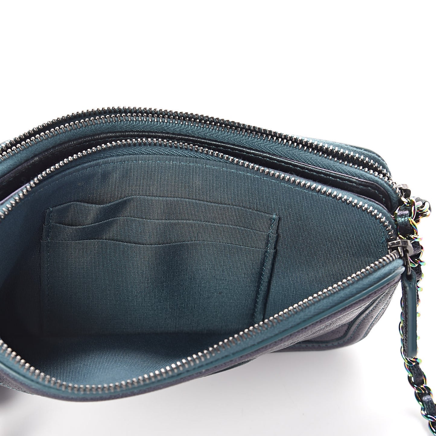 Iridescent Caviar Quilted CC Filigree Clutch With Chain Dark Turquoise
