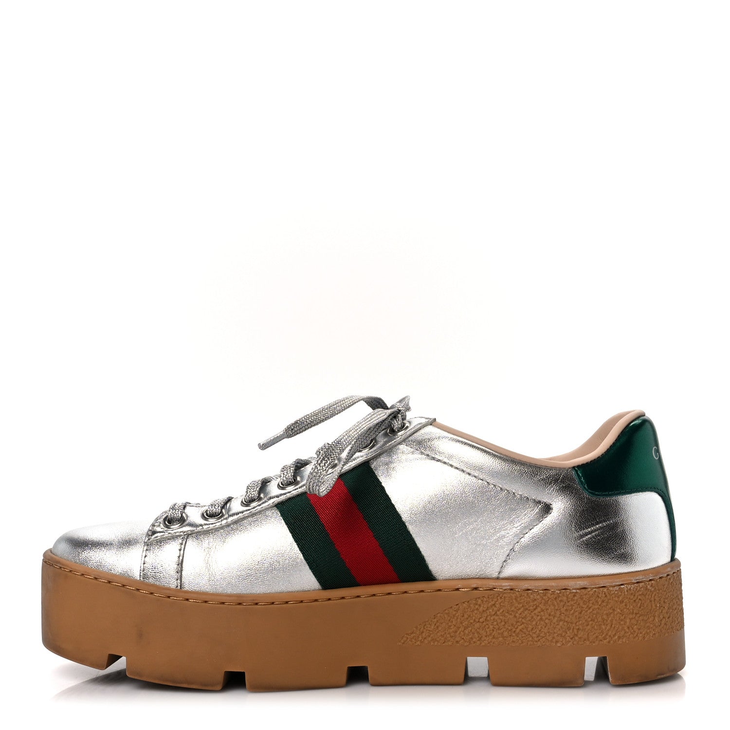 Gucci Metallic Nappa Web Bee Embroidered Womens Ace Platform Sneakers 36 Argento Red Flame 1 of 10