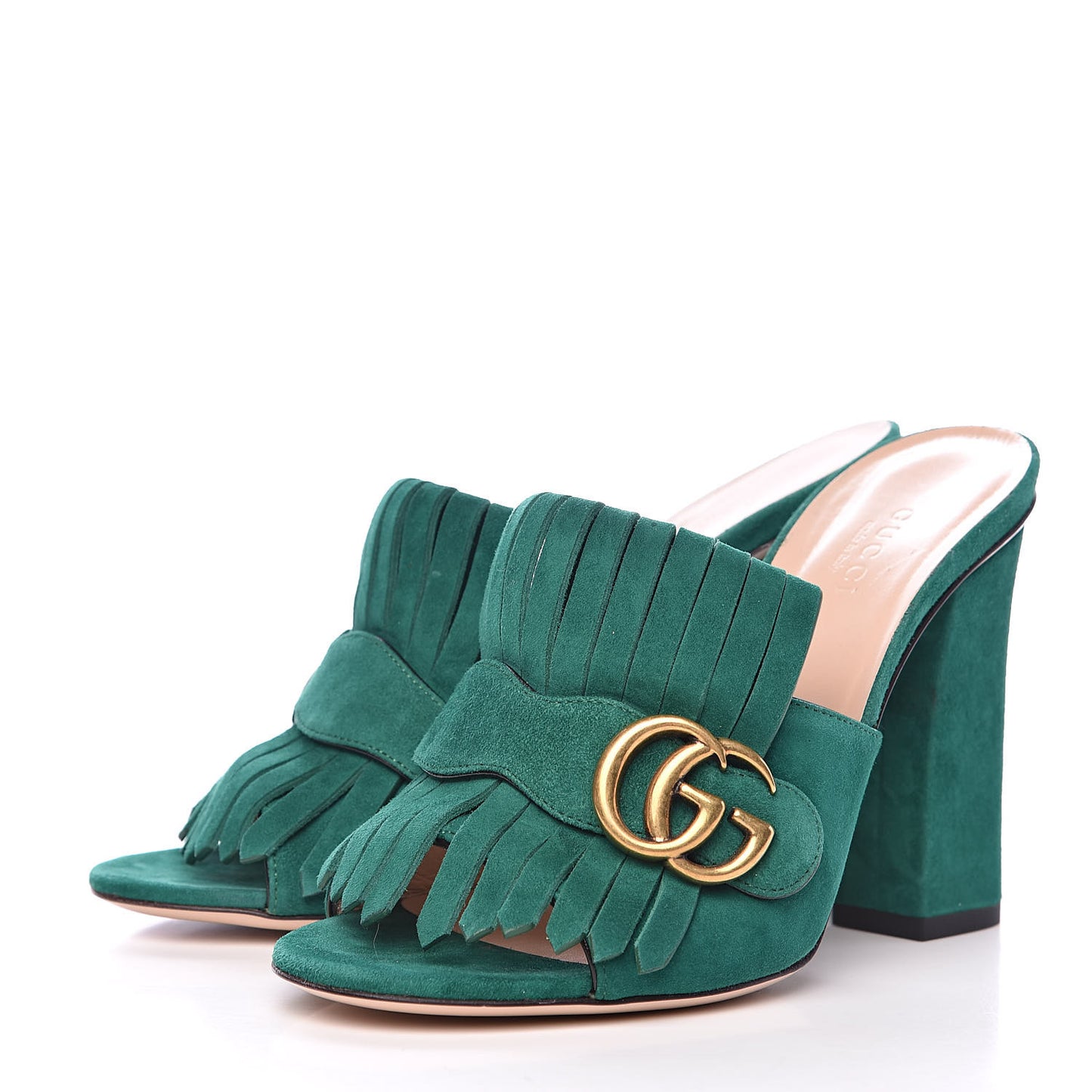 Kid Scamosciato GG Marmont Fringe 105mm Slide Sandals 37 Emerald