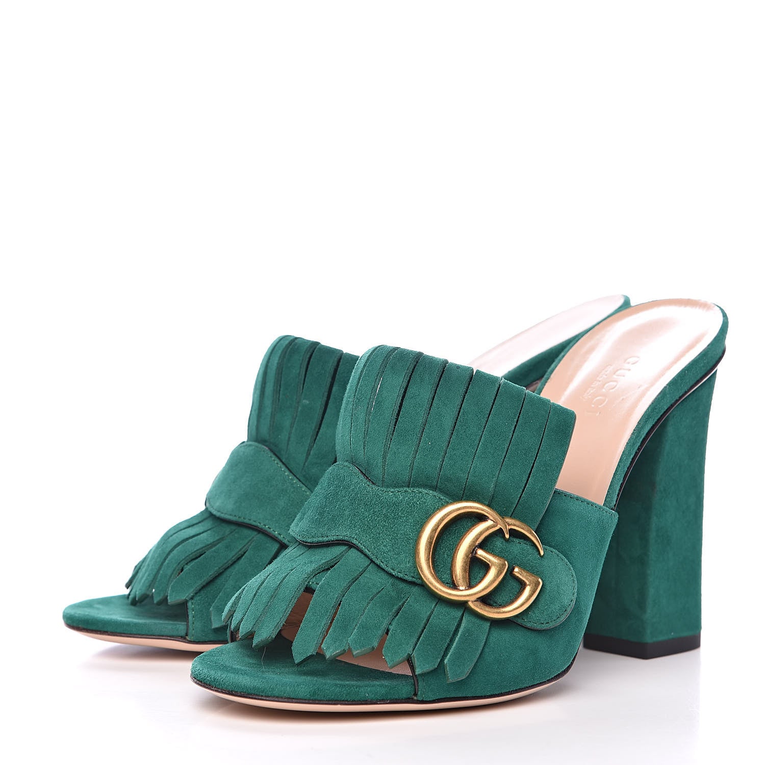Gucci Kid Scamosciato GG Marmont Fringe 105mm Slide Sandals 37 Emerald 3 of 8