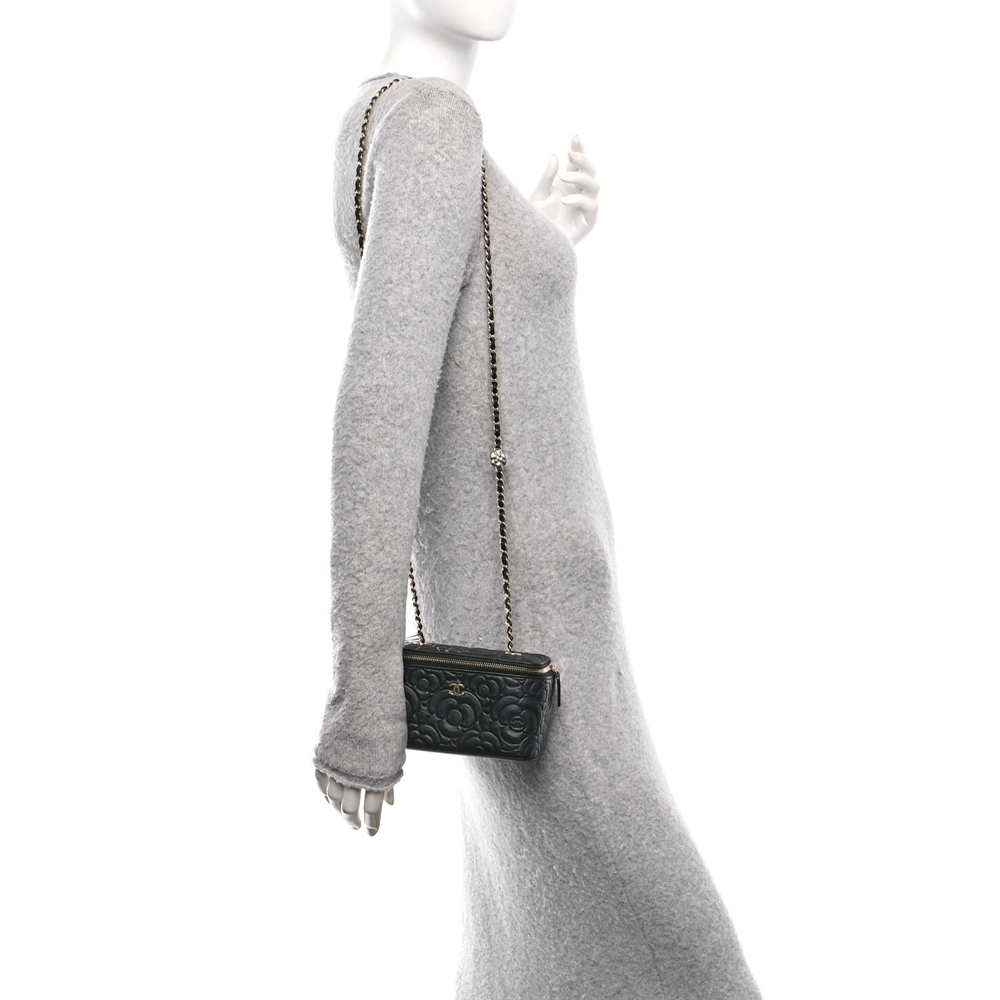 Lambskin Camellia Embossed Small Vanity Case With Chain Black