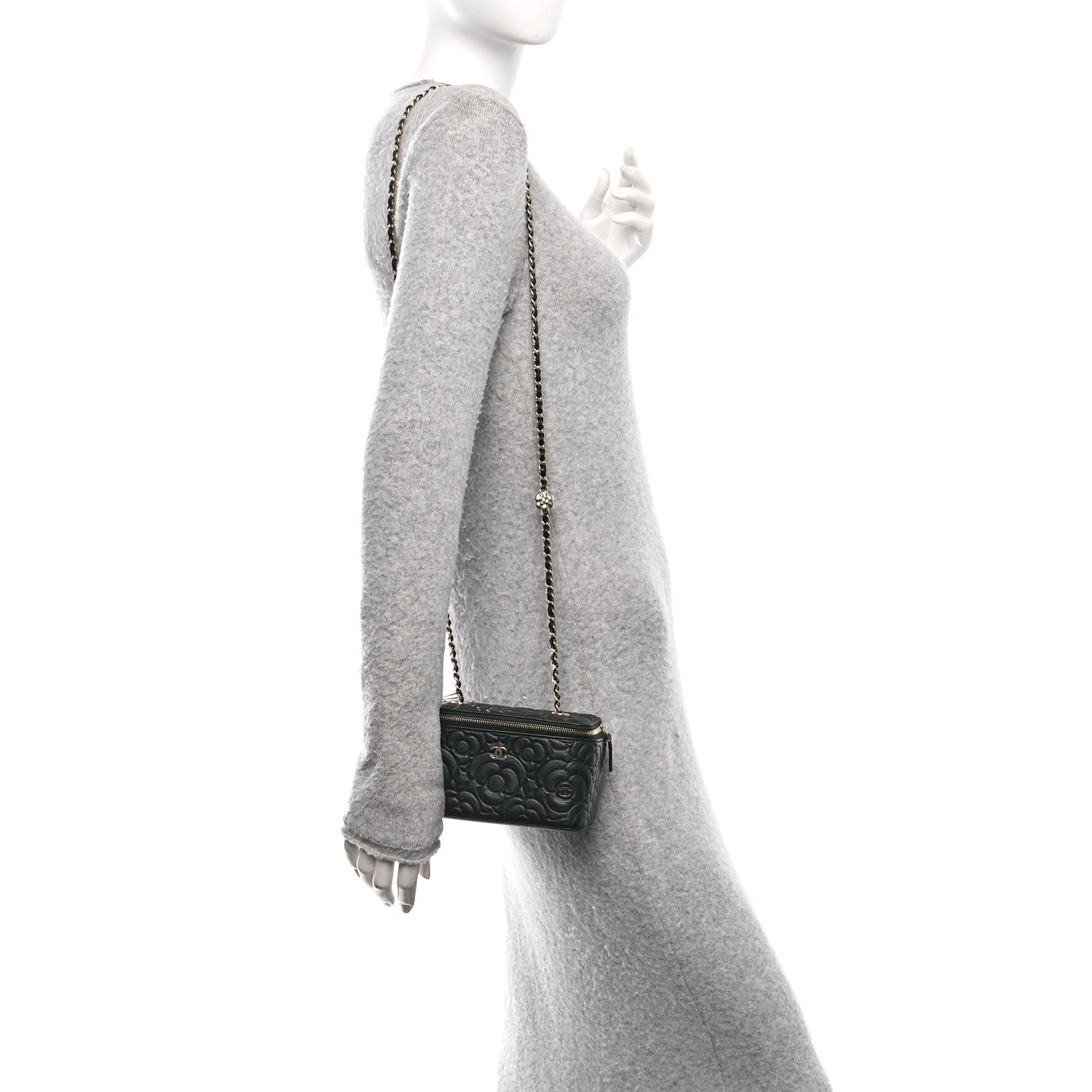 Chanel Lambskin Camellia Embossed Small Vanity Case With Chain Black 2 of 10
