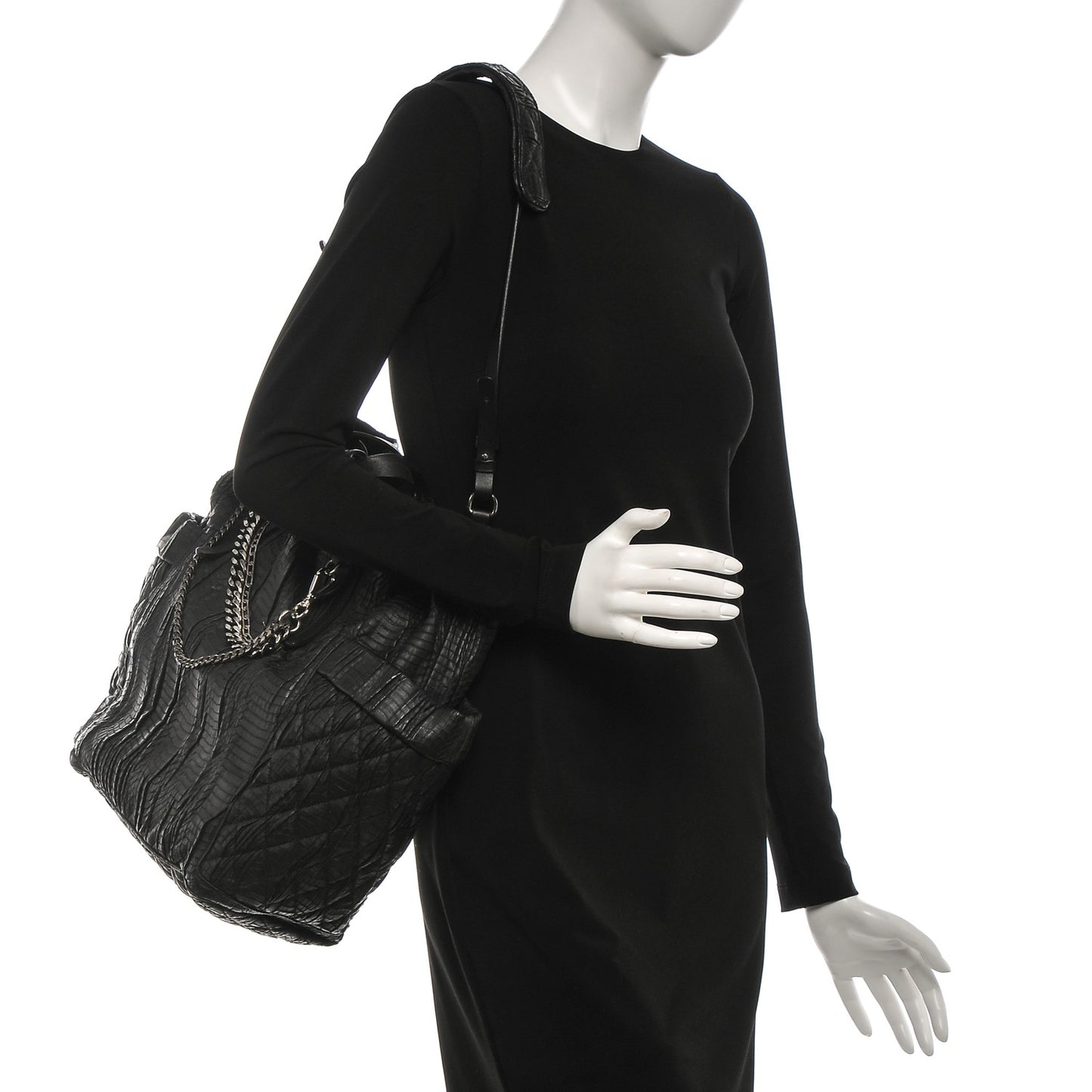 Waxed Snakeskin Chain Embellished Blare Tote Black