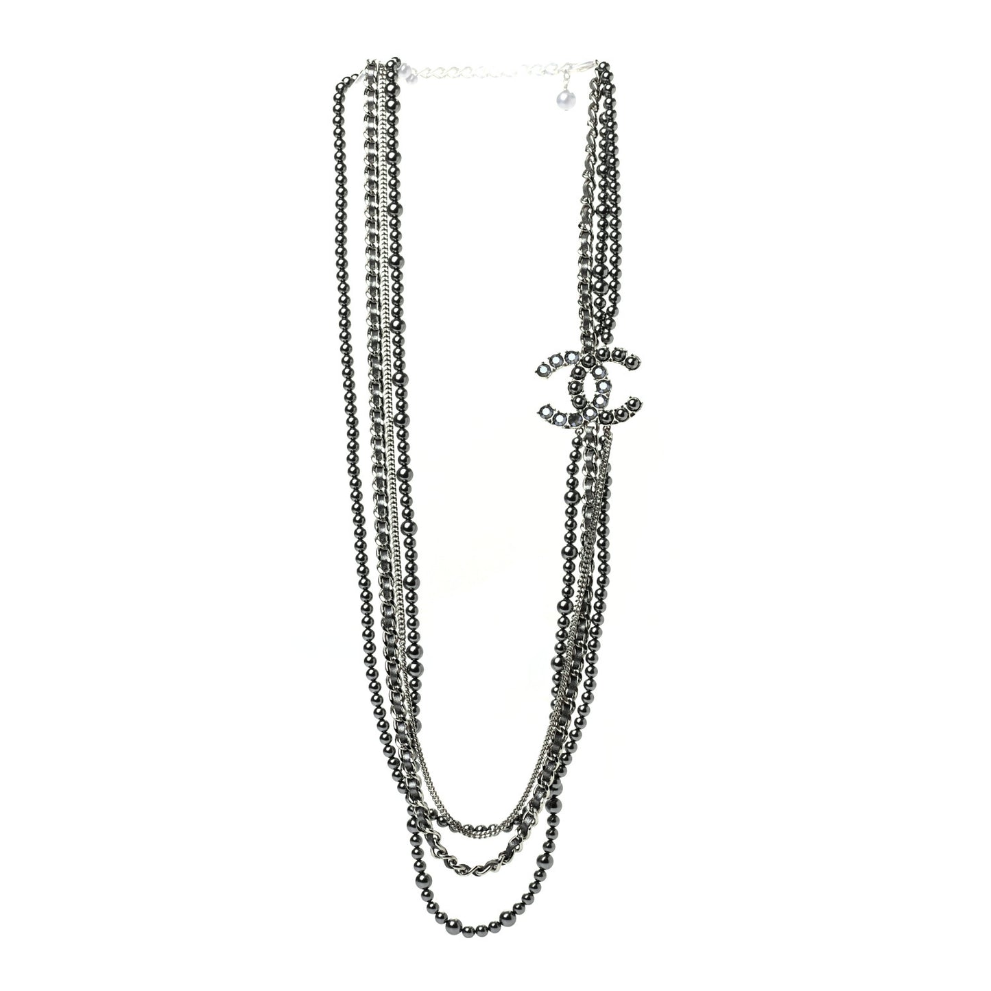 Crystal Pearl Lambskin CC Multi Strand Necklace Grey Silver