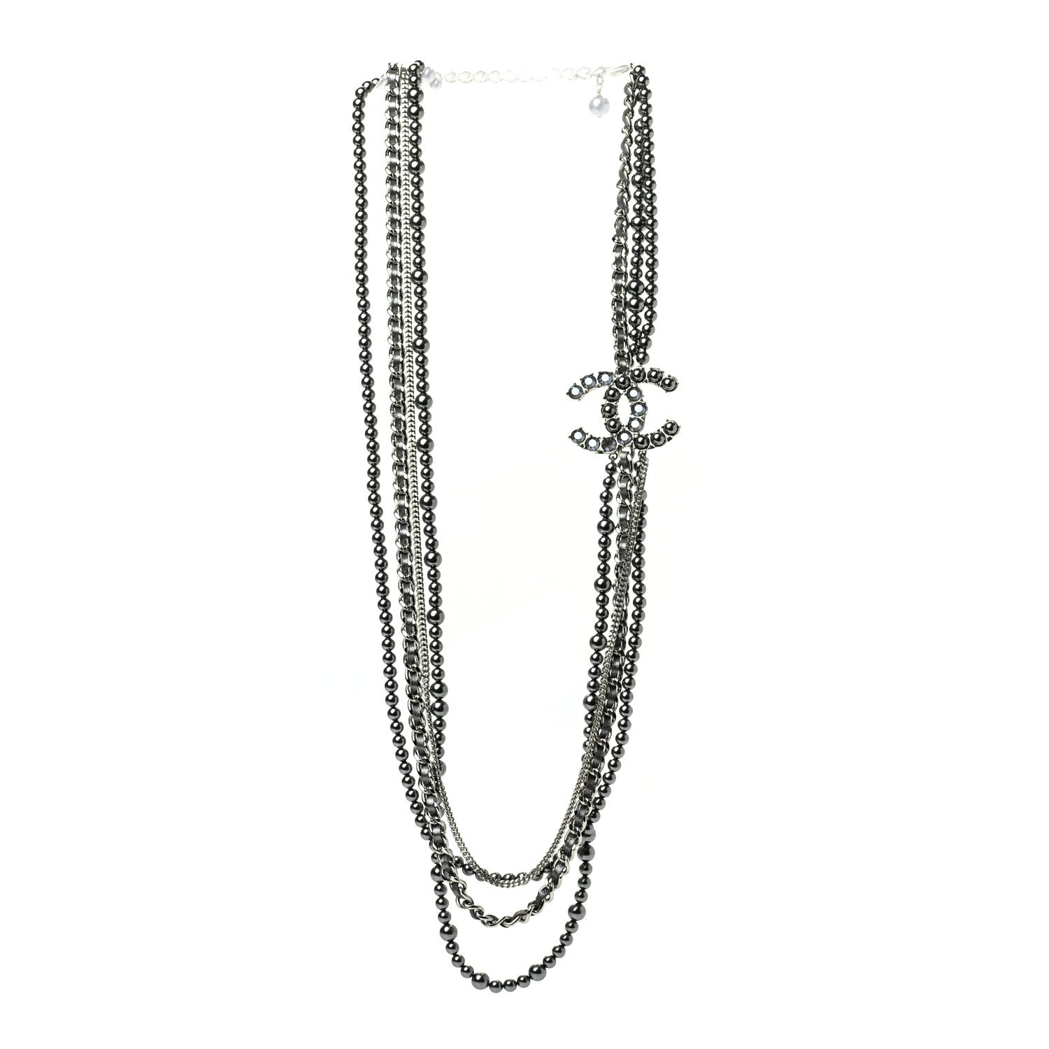 Chanel Crystal Pearl Lambskin CC Multi Strand Necklace Grey Silver 4 of 6