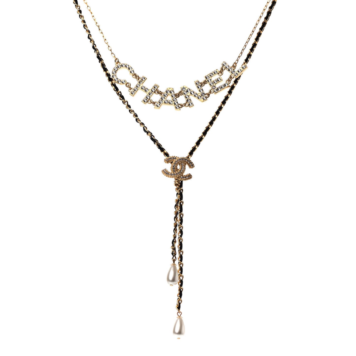 Lambskin Crystal Pearl Logo CC Double Strand Necklace Gold White Black