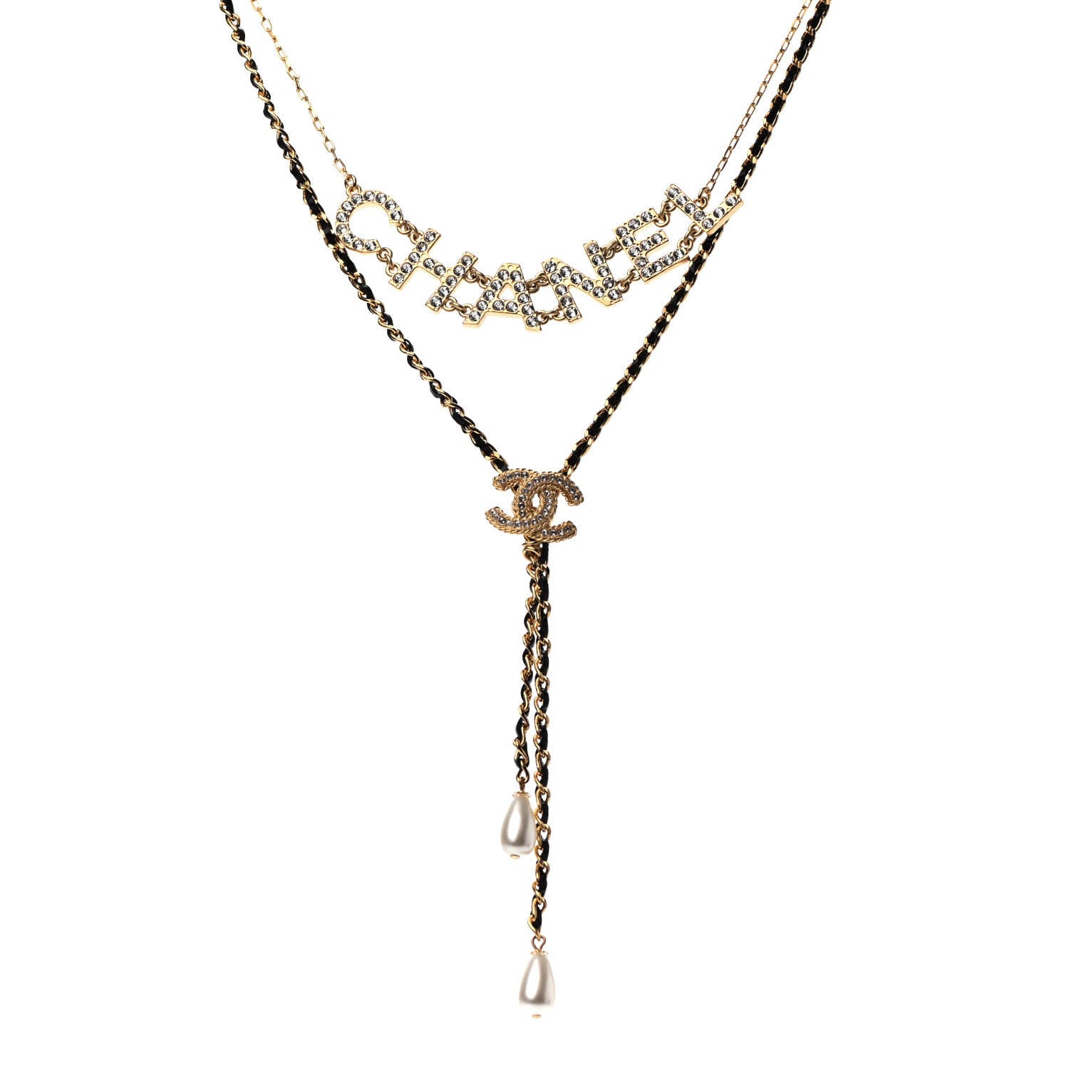 Chanel Lambskin Crystal Pearl Logo CC Double Strand Necklace Gold White Black 1 of 5