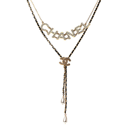 Chanel Lambskin Crystal Pearl Logo CC Double Strand Necklace Gold White Black 1 of 5