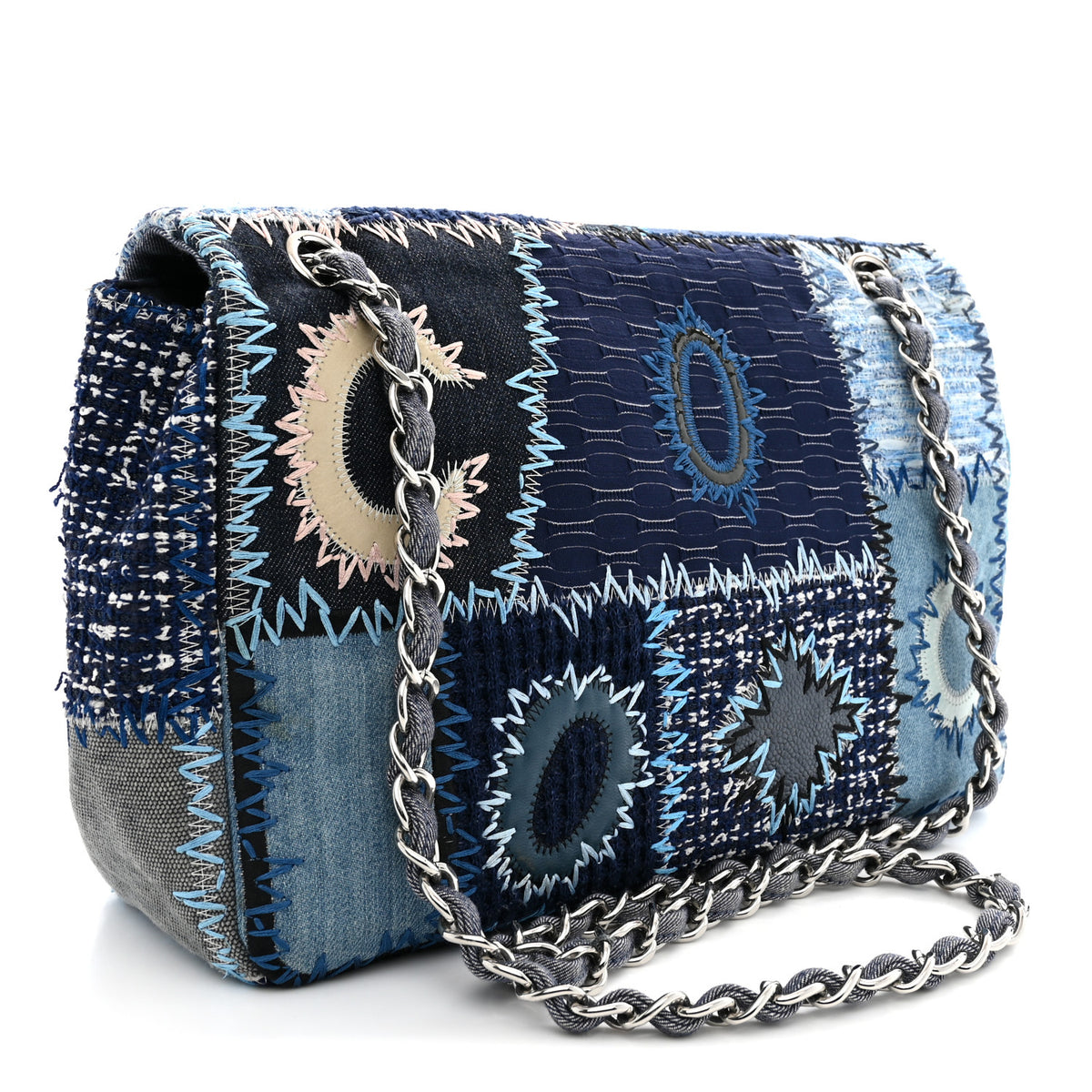 Chanel Denim Tweed Patchwork Jumbo Single Flap Blue 3 of 11