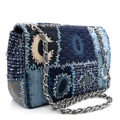 Chanel Denim Tweed Patchwork Jumbo Single Flap Blue 3 of 11