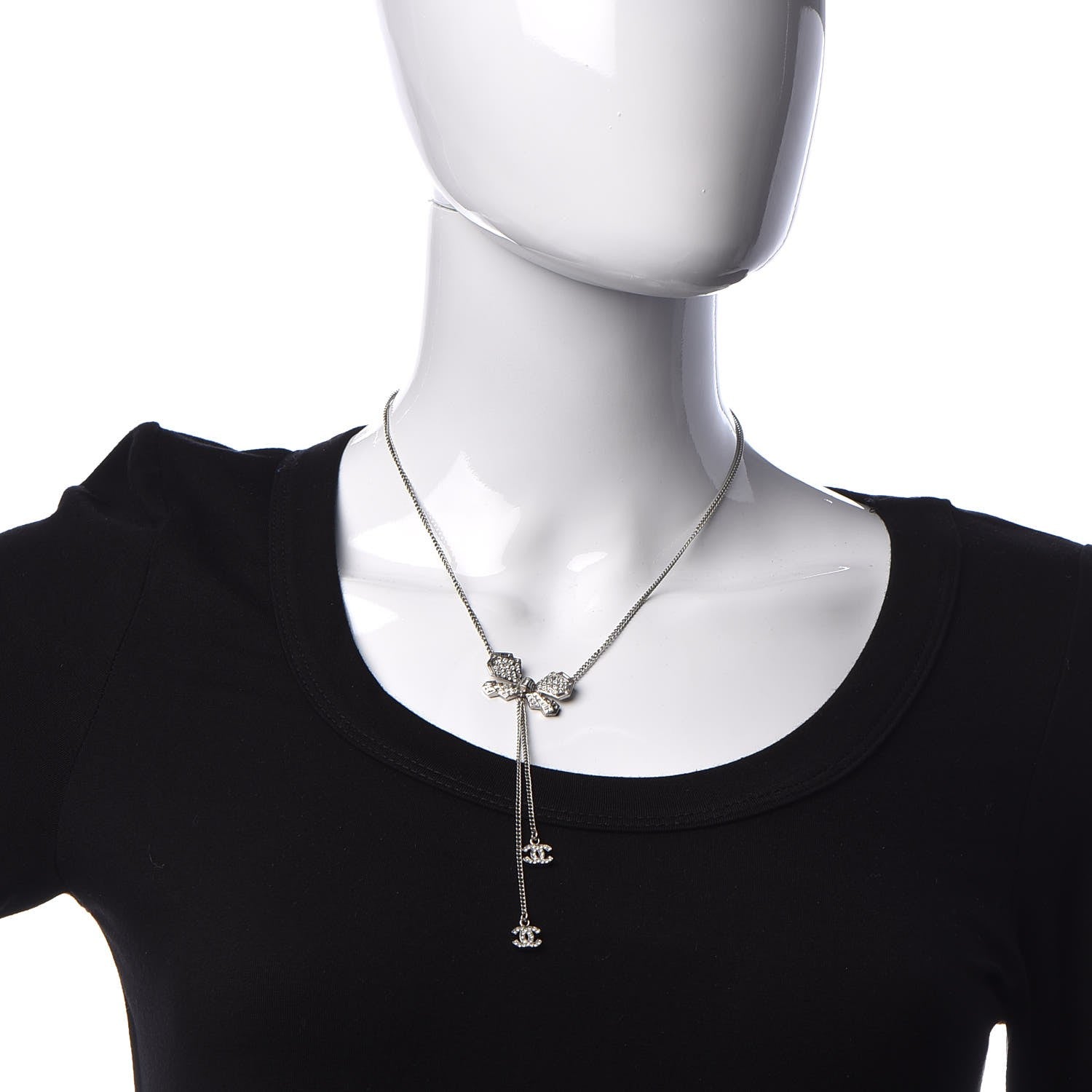 Chanel Crystal CC Bow Drop Necklace Silver 2 of 5