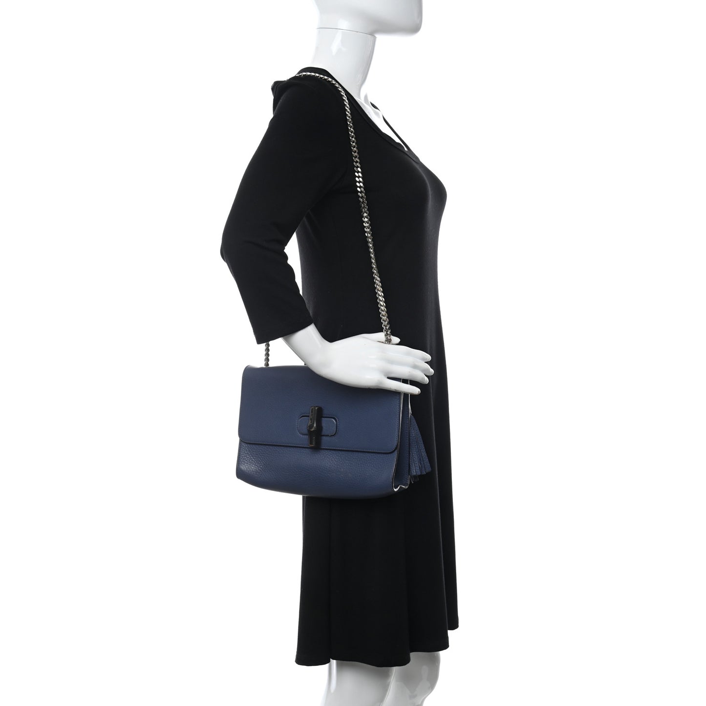 Pebbled Calfskin Medium Miss Bamboo Shoulder Bag Navy