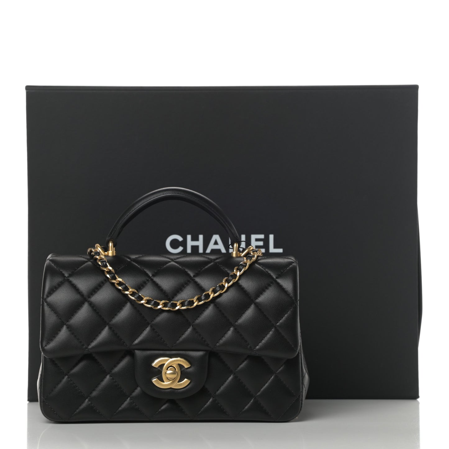 Lambskin Quilted Mini Top Handle Rectangular Flap Black