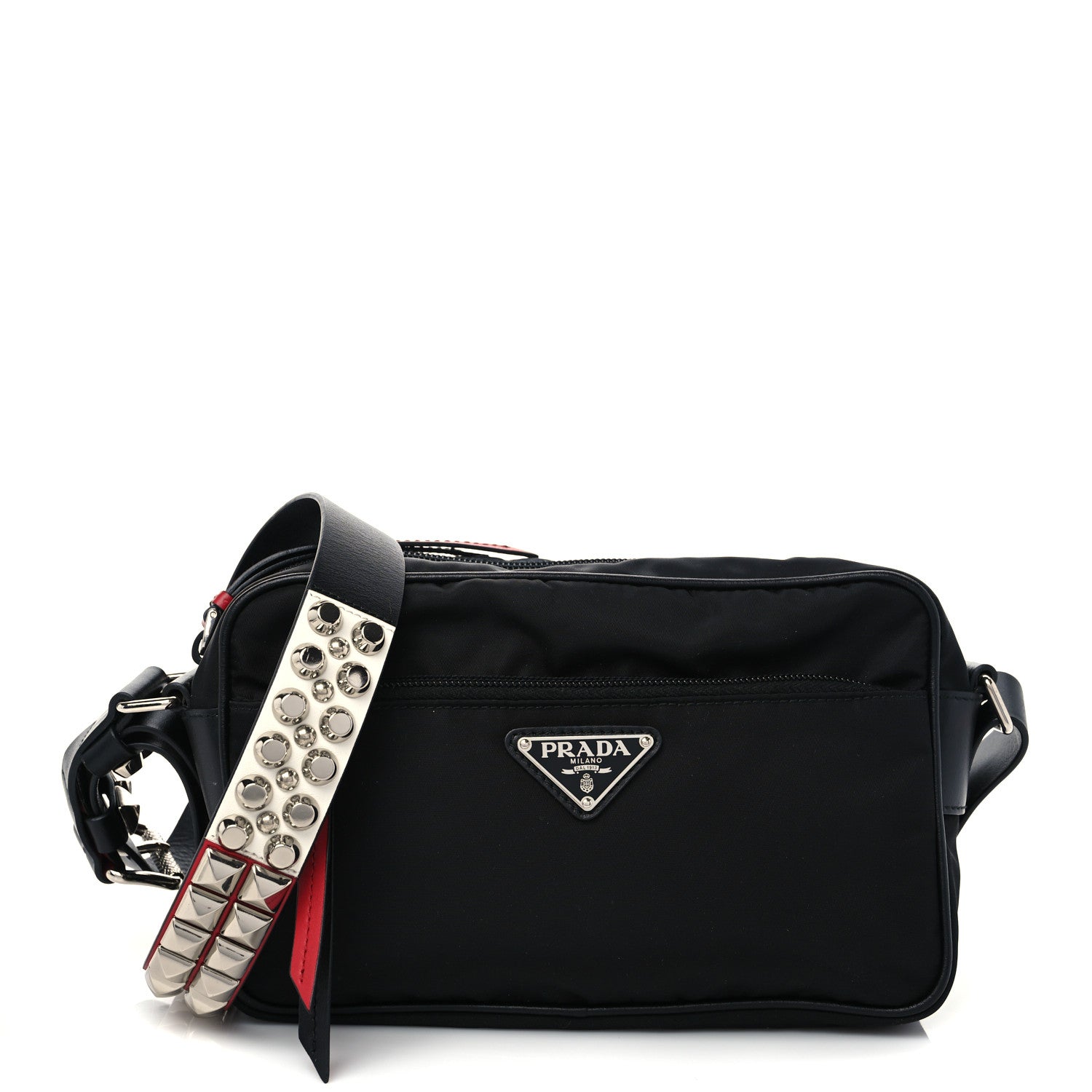 Prada Tessuto Nylon Studded New Vela Shoulder Bag Black Fuoco 1 of 7