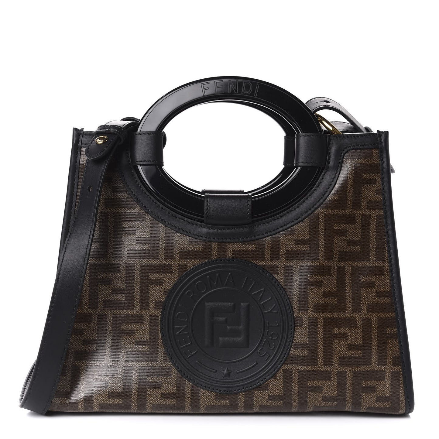 Glazed Fabric Vitello Century Plexiglass FF 1974 Stamp Patch Small Runaway Shopper Tote Mogano Panna Black