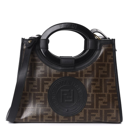 Fendi Glazed Fabric Vitello Century Plexiglass FF 1974 Stamp Patch Small Runaway Shopper Tote Mogano Panna Black 1 of 10