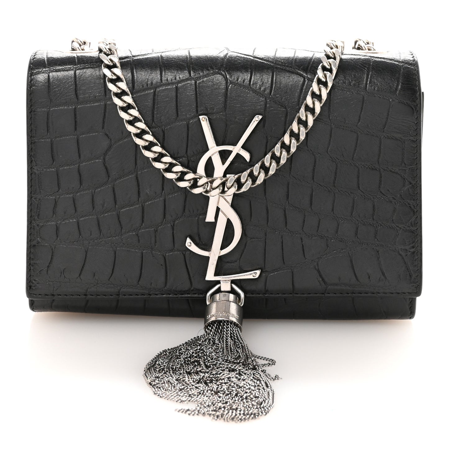 Calfskin Crocodile Embossed Small Classic Monogram Kate Tassel Satchel Black