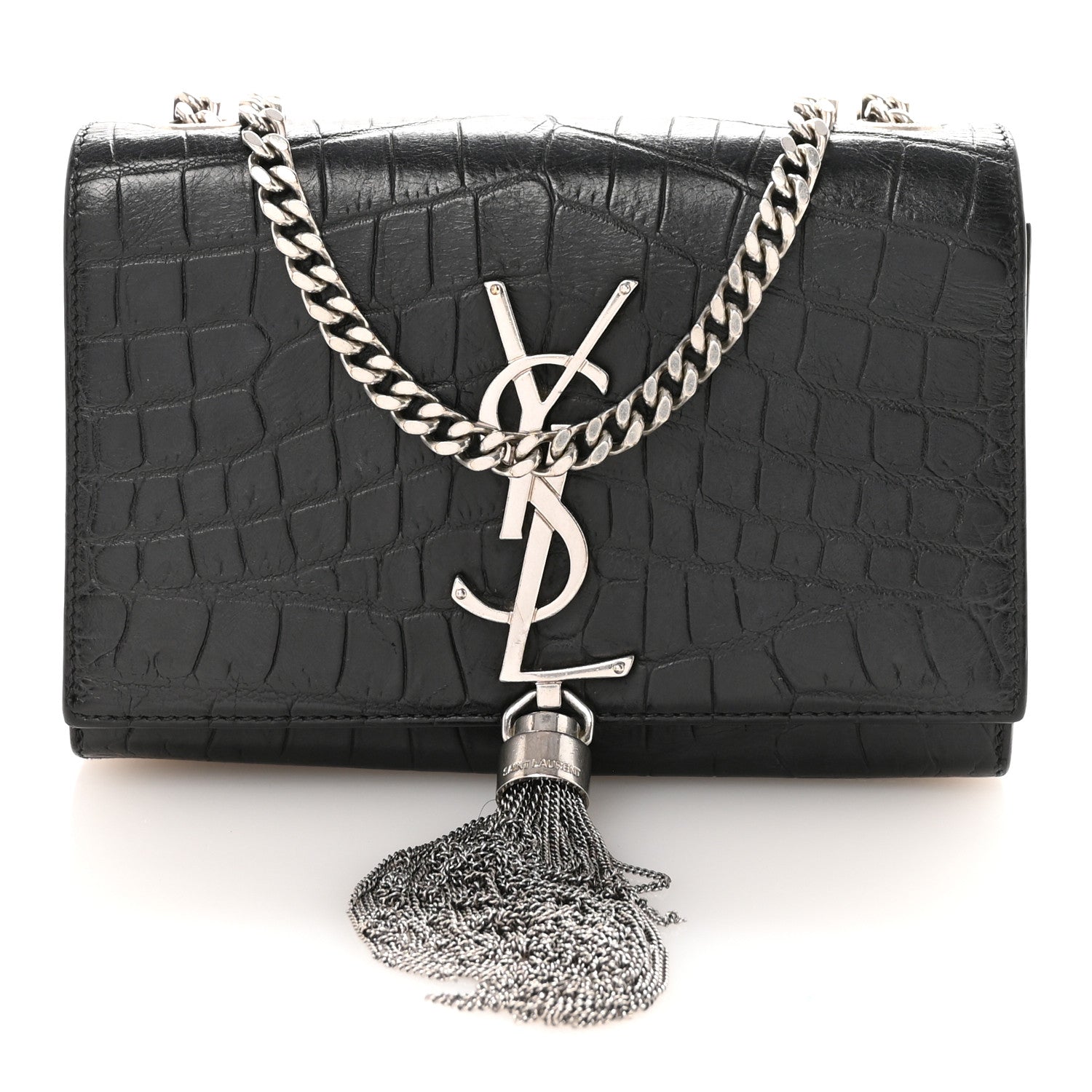 Saint Laurent Calfskin Crocodile Embossed Small Classic Monogram Kate Tassel Satchel Black 1 of 10