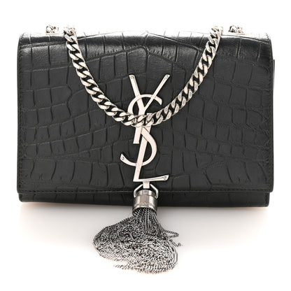 Saint Laurent Calfskin Crocodile Embossed Small Classic Monogram Kate Tassel Satchel Black 1 of 10
