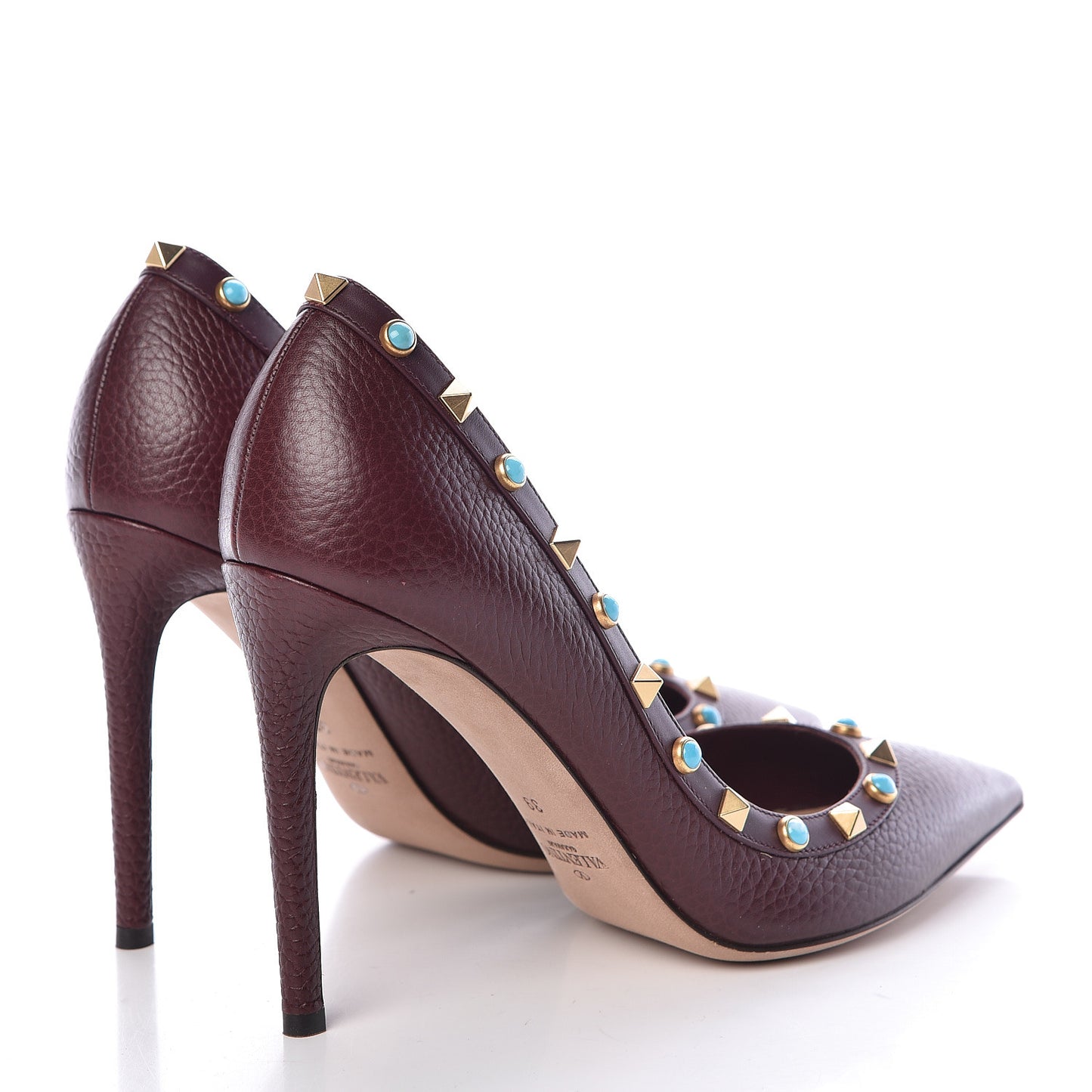 Pebbled Calfskin Rockstud Rolling 100mm Pumps 39 Rubin