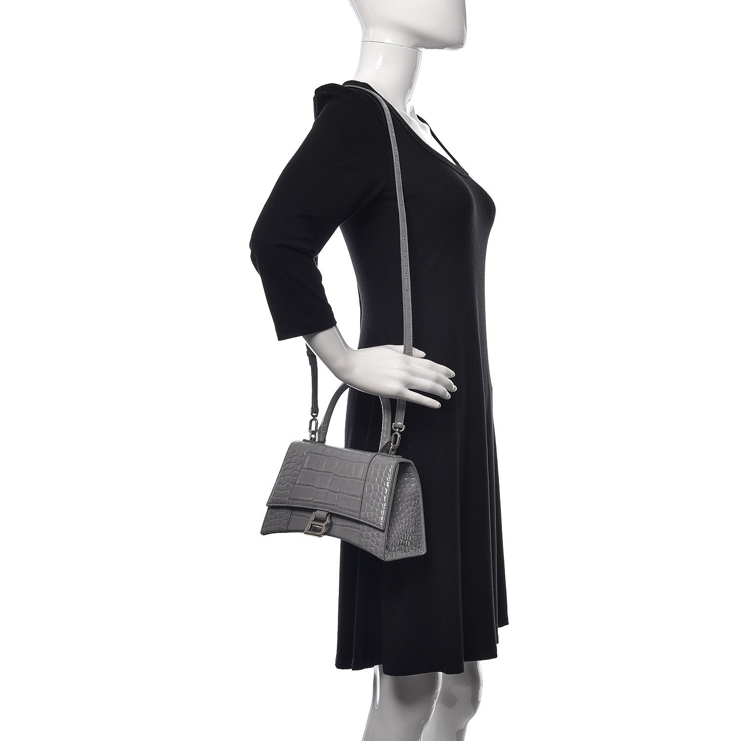 Balenciaga Shiny Calfskin Crocodile Embossed Small Hourglass Top Handle Bag Steel Grey 2 of 7
