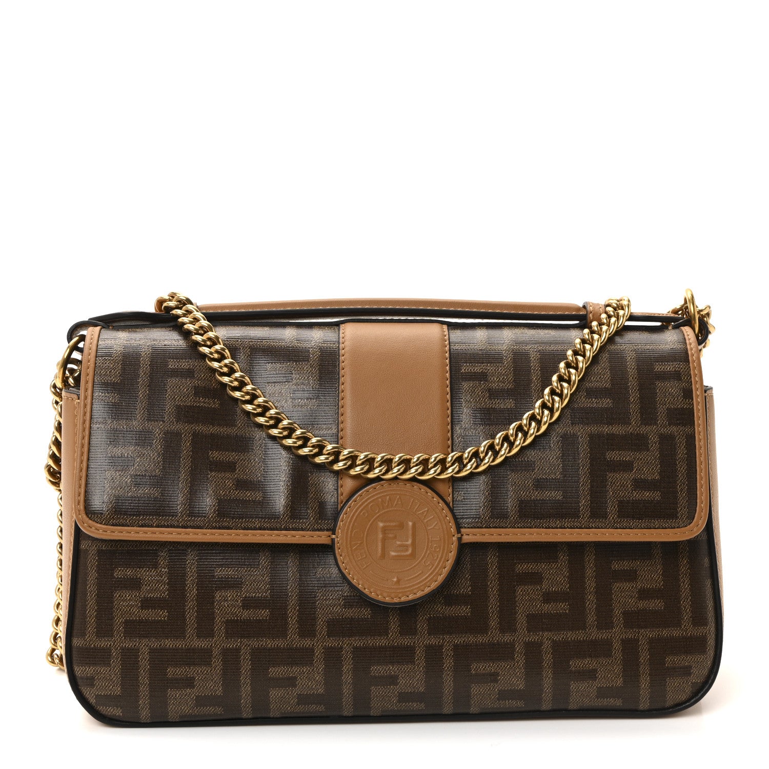 Fendi Vitello Grace Glazed Fabric FF 1974 Double F Shoulder Bag Alchemy Mogano Panna 1 of 10