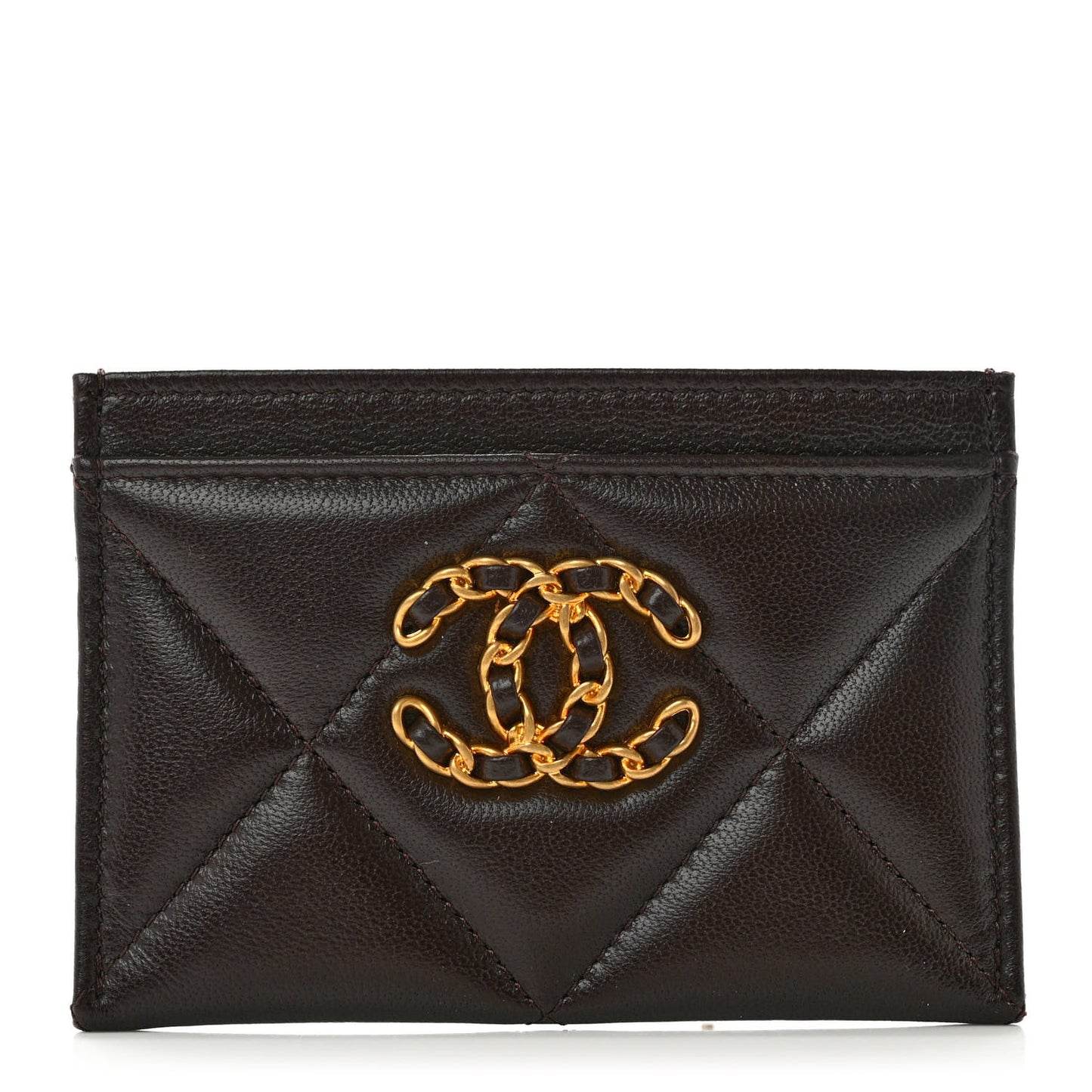 Lambskin Quilted Chanel 19 Card Holder Dark Brown