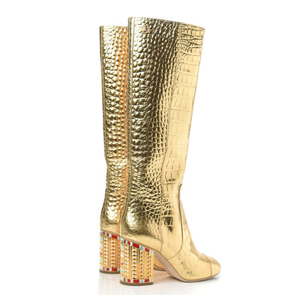 Chanel Calfskin Crocodile Embossed Cap Toe High Boots 38 Gold 4 of 8