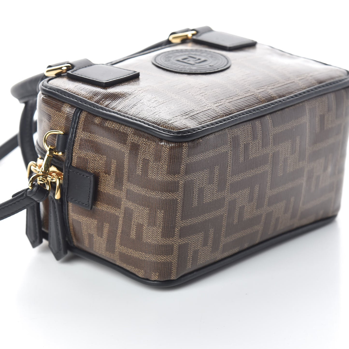 Glazed Fabric Vitello Century FF 1974 Stamp Patch Mini Boston Box Bag Mogano Panna Black