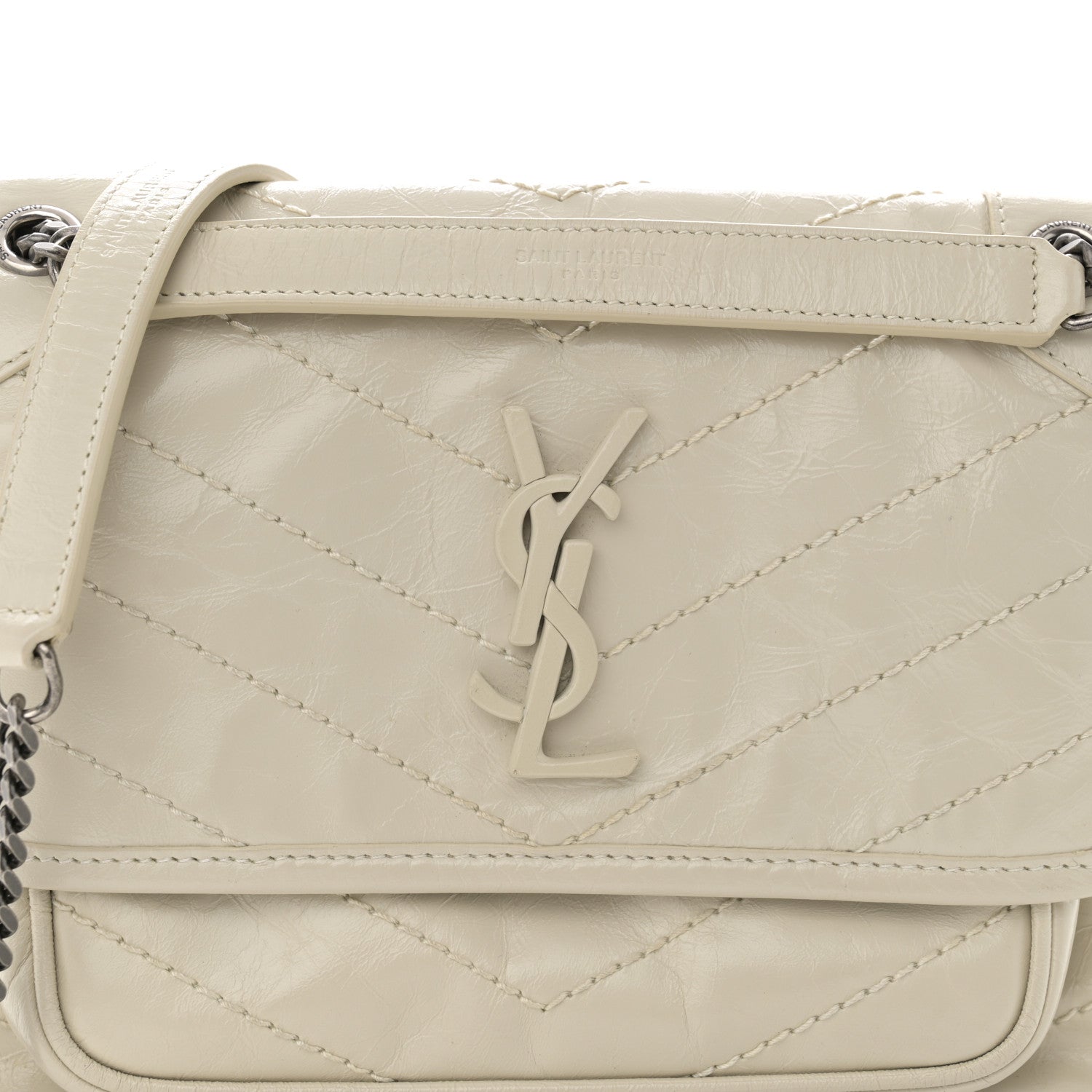 Saint Laurent Crinkled Calfskin Matelasse Monogram Baby Niki Chain Satchel Blanc Vintage 8 of 10