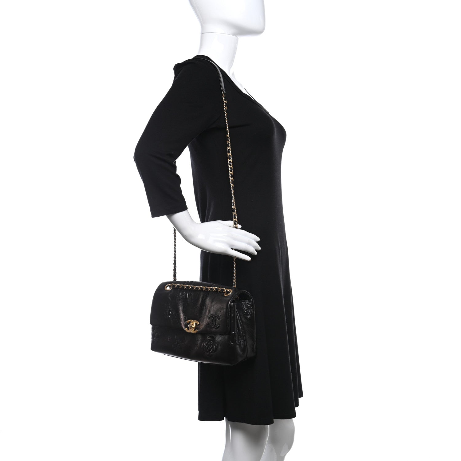 Chanel Aged Calfskin Embossed Camellia Flap Black 2 of 9