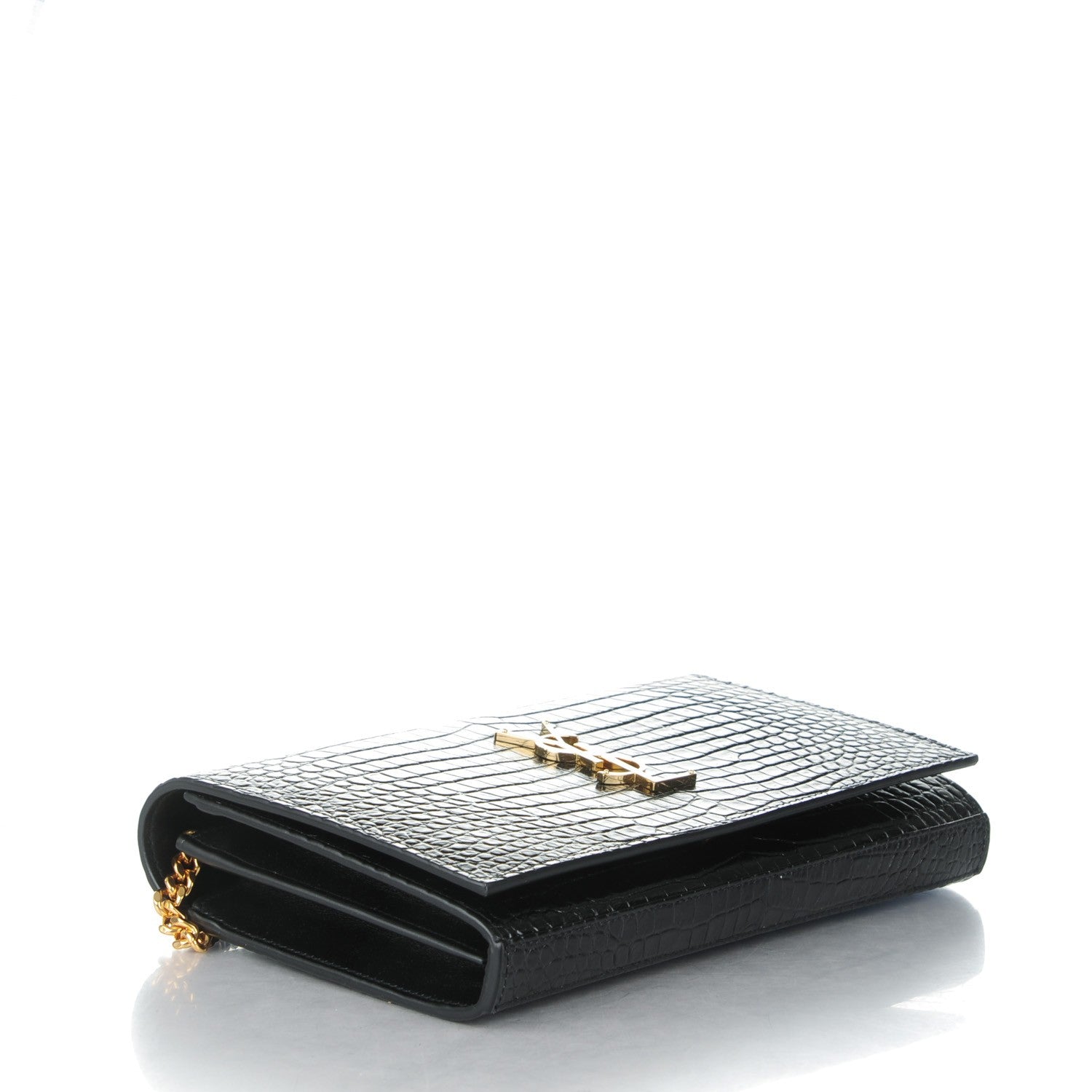 Saint Laurent Calfskin Crocodile Embossed Monogram Chain Wallet Nero Black 4 of 7
