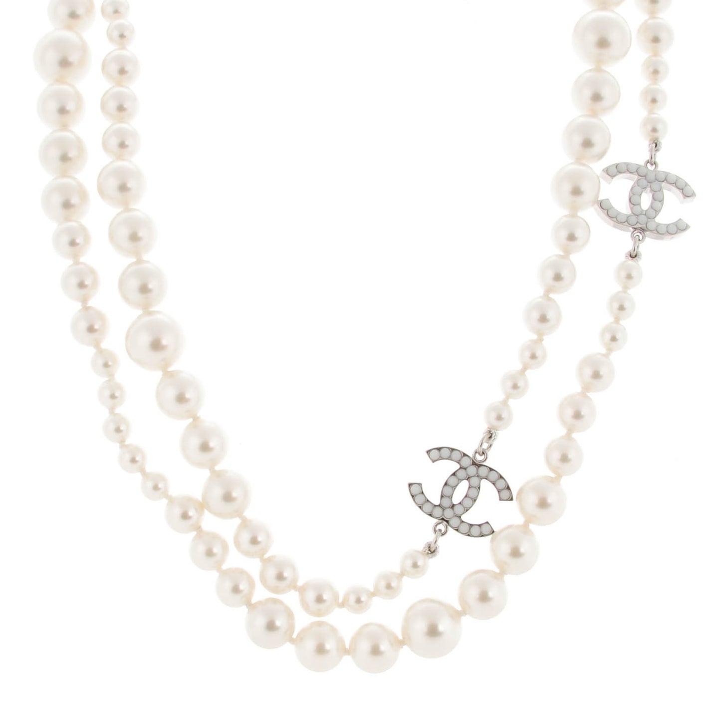 Graduated Pearl CC Long Necklace Silver