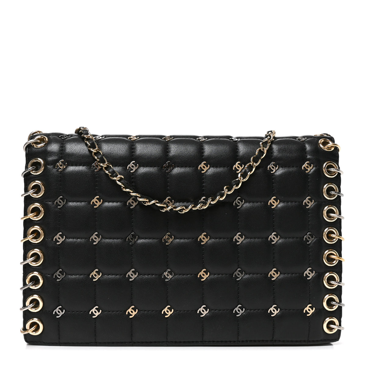 Lambskin Chocolate Bar Piercing CC Studded Small Chain Flap Bag Black