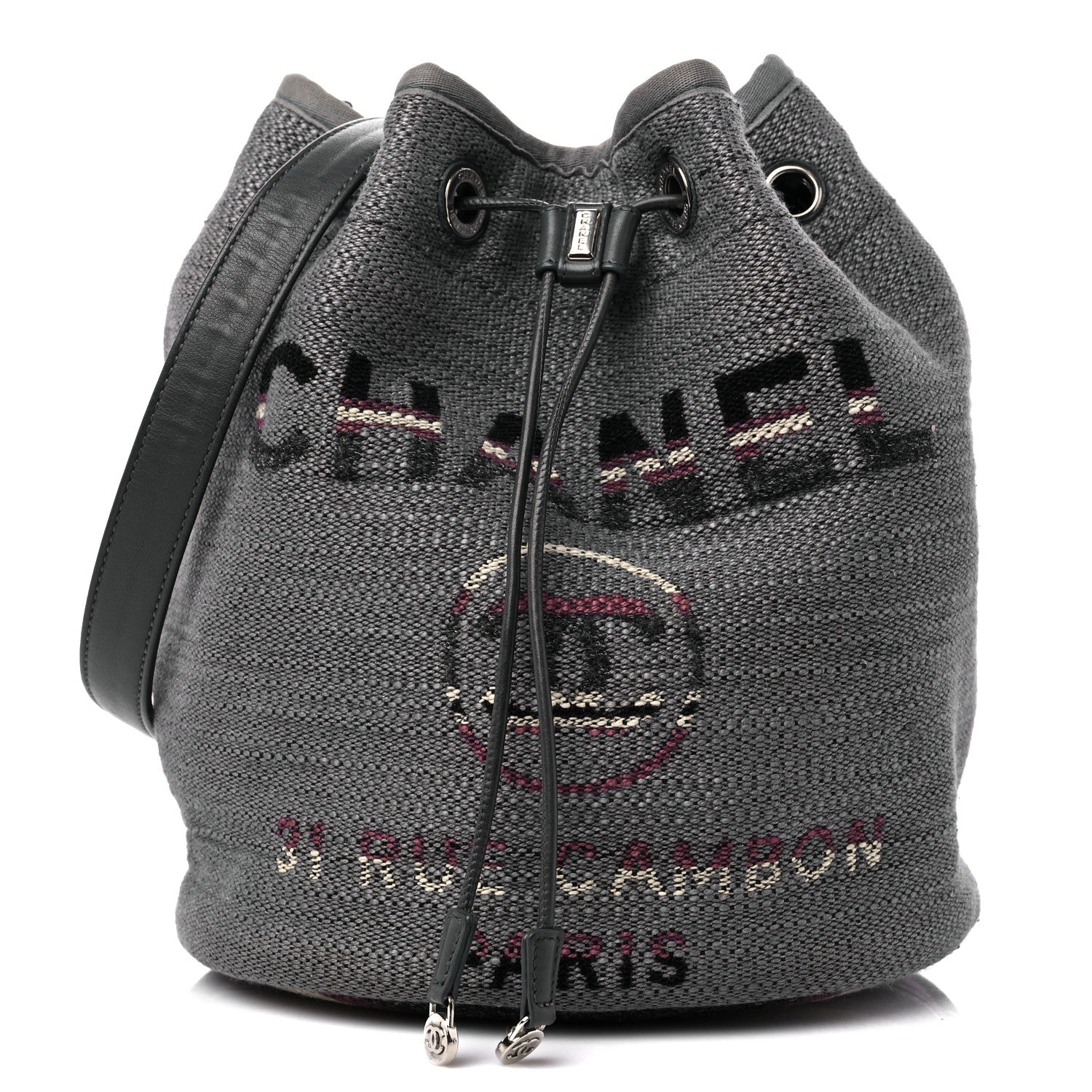 Chanel Striped Canvas Deauville Drawstring Bag Grey 1 of 14