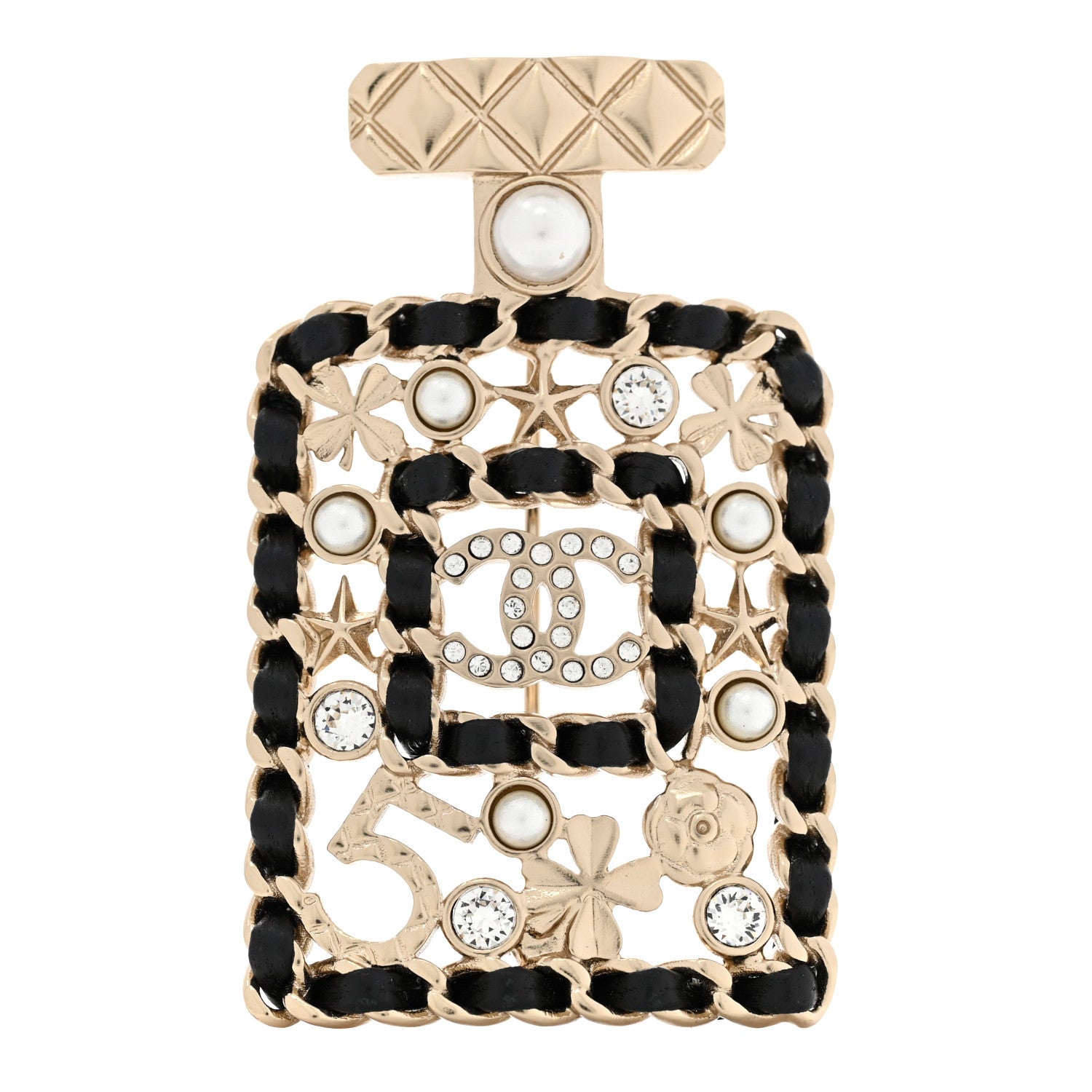 Chanel Lambskin Pearl Quilted Chain CC Perfume Bottle Brooch Gold 1 of 5