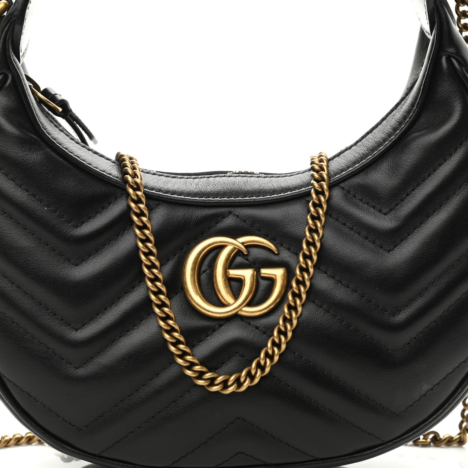 Gucci Calfskin Matelasse Chevron Mini GG Marmont Half Moon Hobo Black 8 of 11