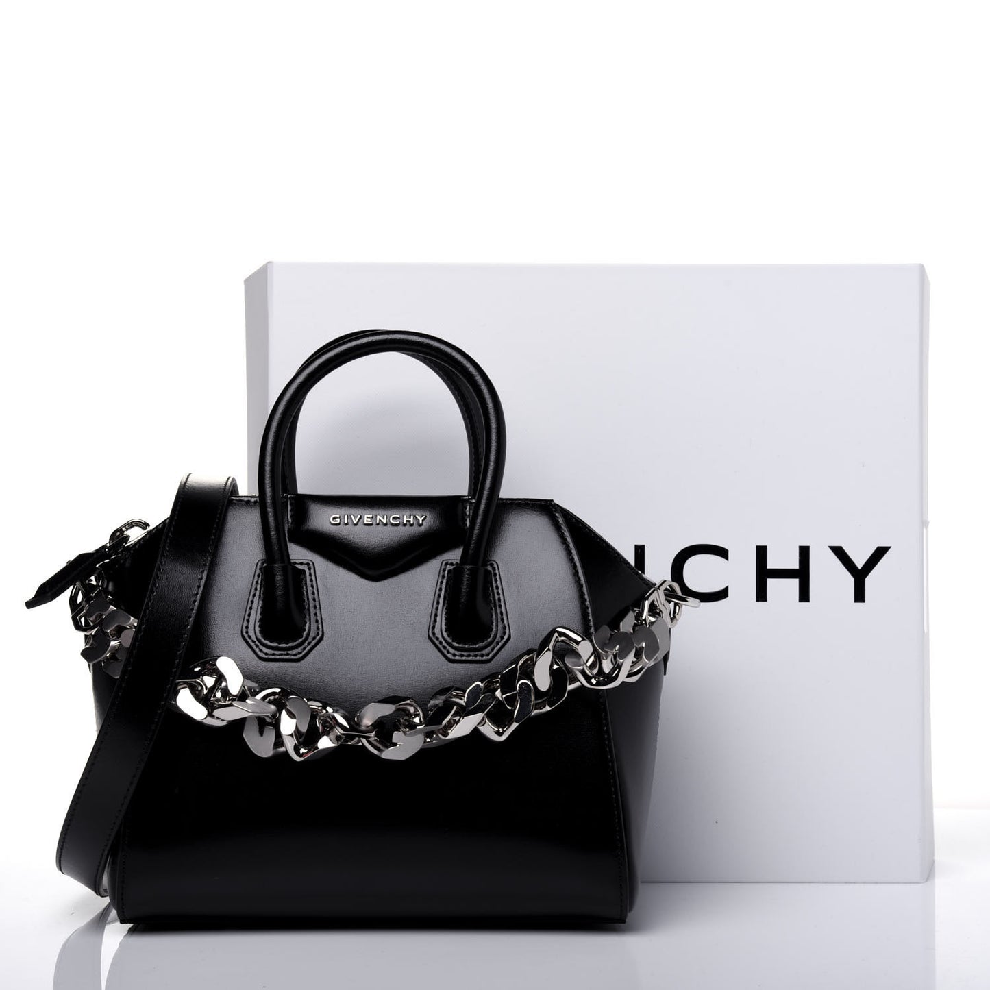 Shiny Lord Calfskin Mini Antigona With Chain Black