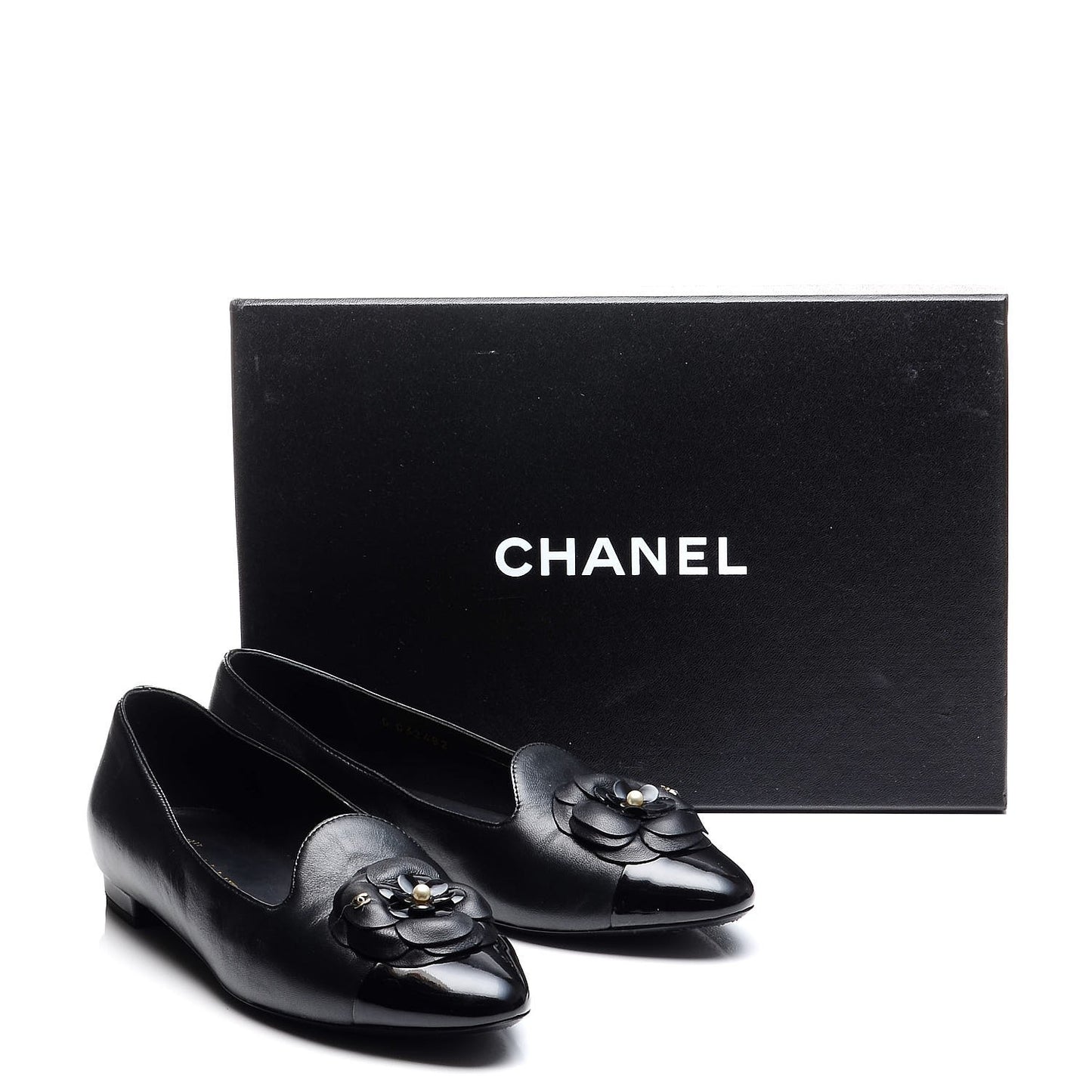 Lambskin Patent Calfskin Camellia Cap Toe Loafers 38 Black