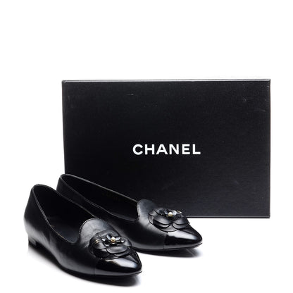 Chanel Lambskin Patent Calfskin Camellia Cap Toe Loafers 38 Black 10 of 10