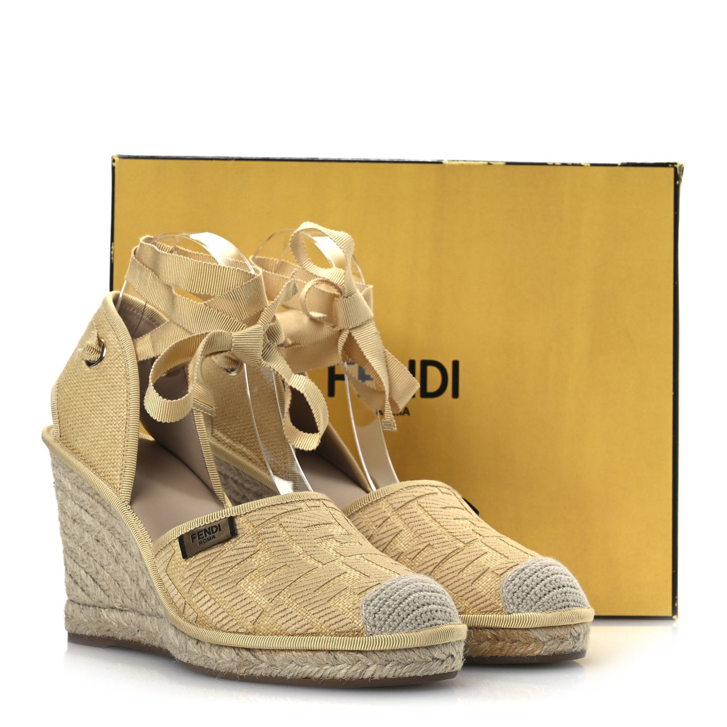 Canvas FF Embroidered Roma Ankle Wrap Wedge Espadrilles 40 Natural