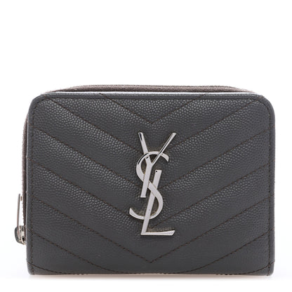 Saint Laurent Grain De Poudre Matelasse Chevron Monogram Compact Zip Around Wallet Fog 1 of 6