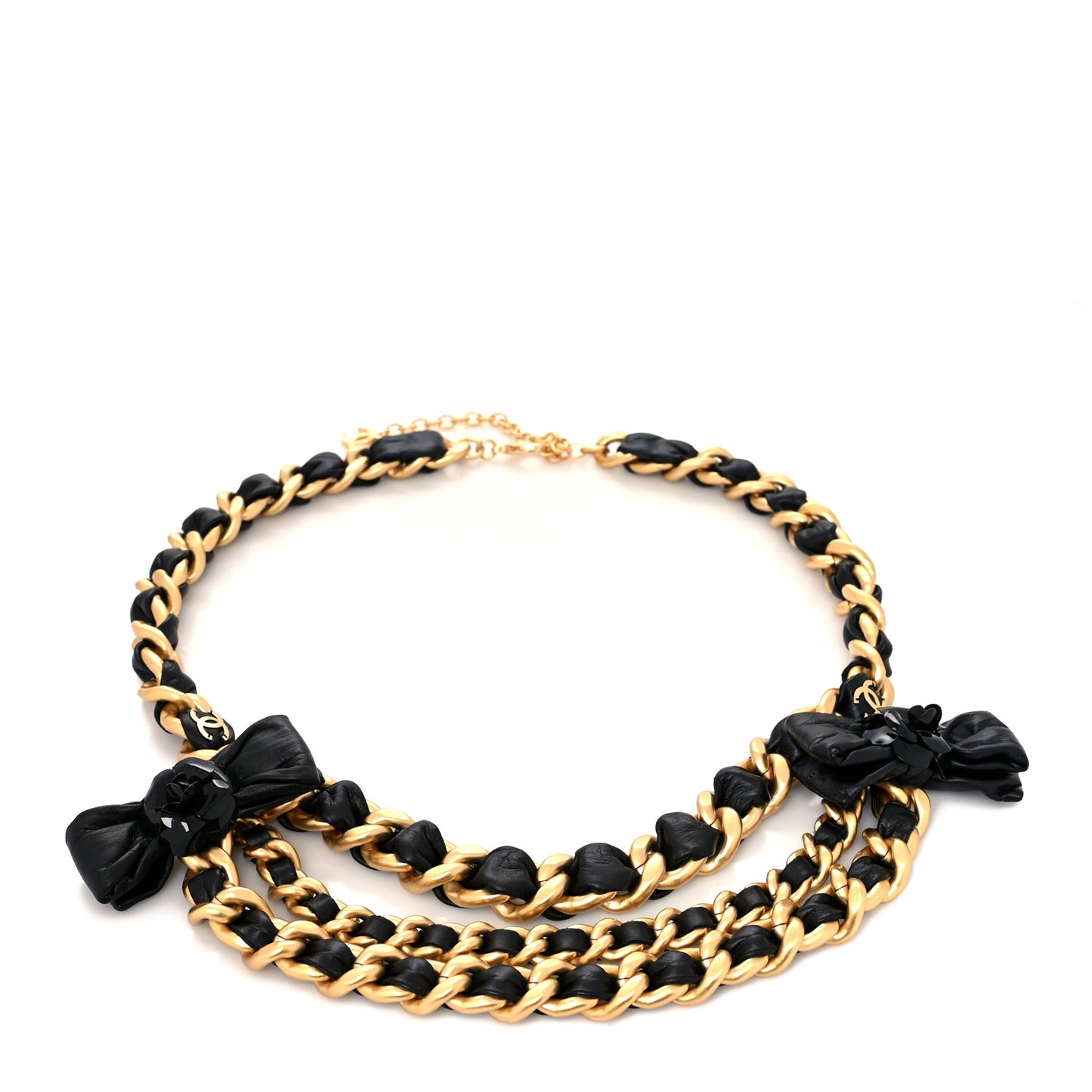Lambskin CC Bow Chain Belt Black Gold