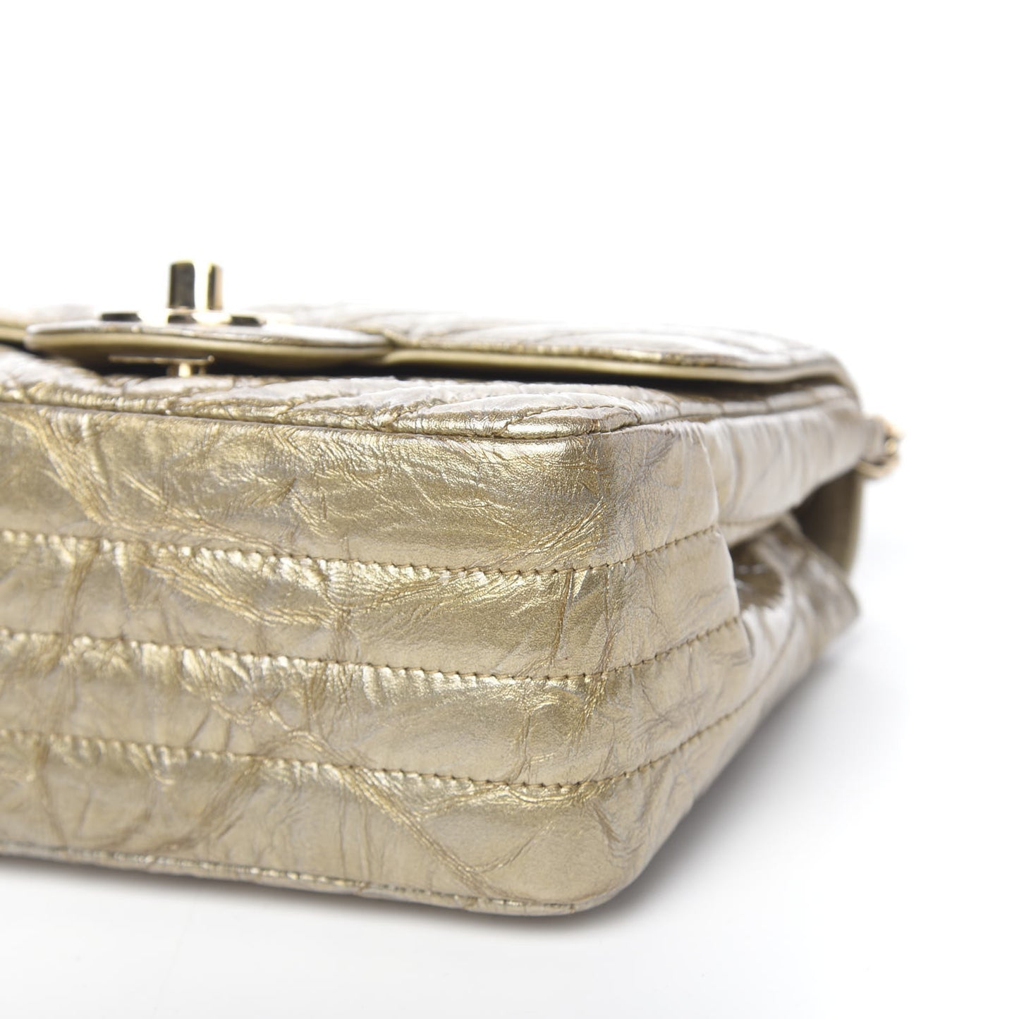 Patent Metallic Crumpled Calfskin Chevron Quilted Mini Square Flap Gold