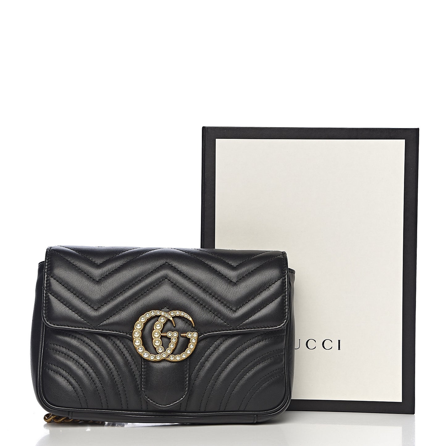 Calfskin Matelasse Pearly GG Marmont Chain Belt Bag Black