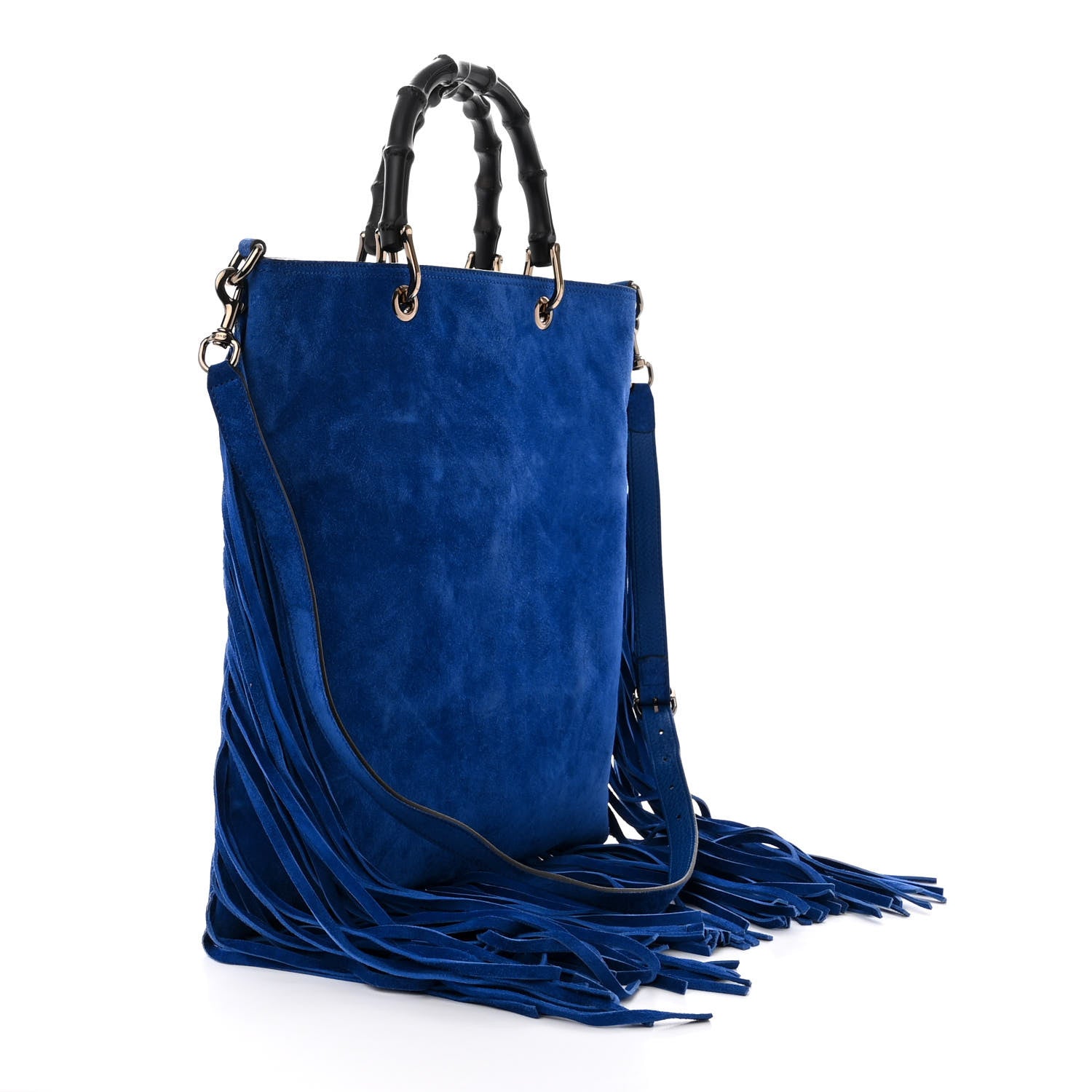 Gucci Suede Bamboo Fringe Small Shopper Tote Blue 3 of 12