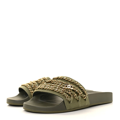 Chanel Canvas Chain Flat Sandals 39 Khaki 3 of 8