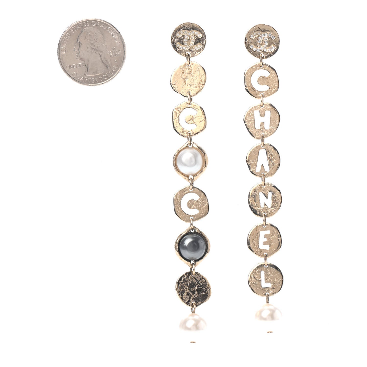 Chanel Pearl Crystal Logo Drop Earrings Gold 2 of 4