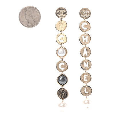 Chanel Pearl Crystal Logo Drop Earrings Gold 2 of 4