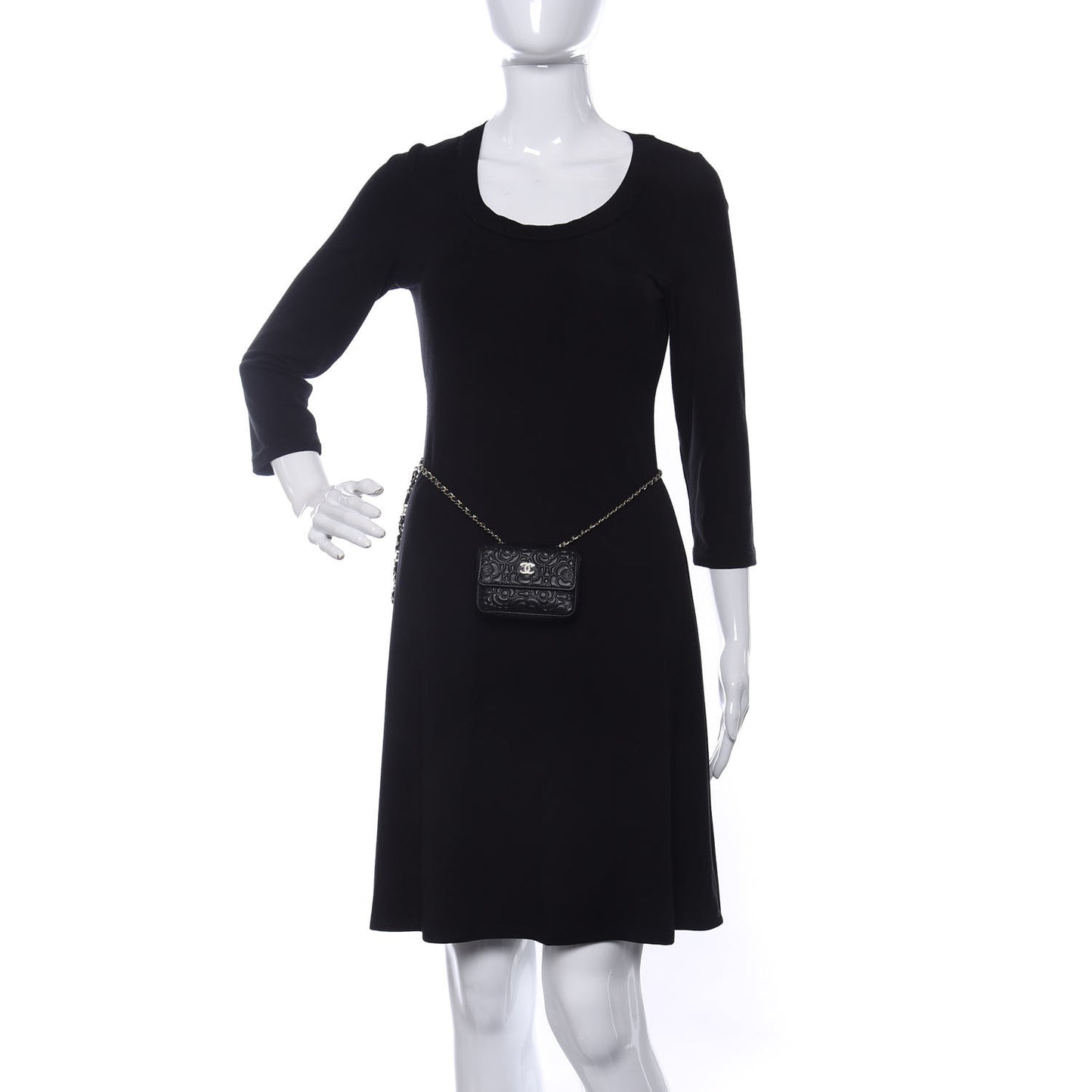 Lambskin Camellia Embossed Chain Belt Bag Black